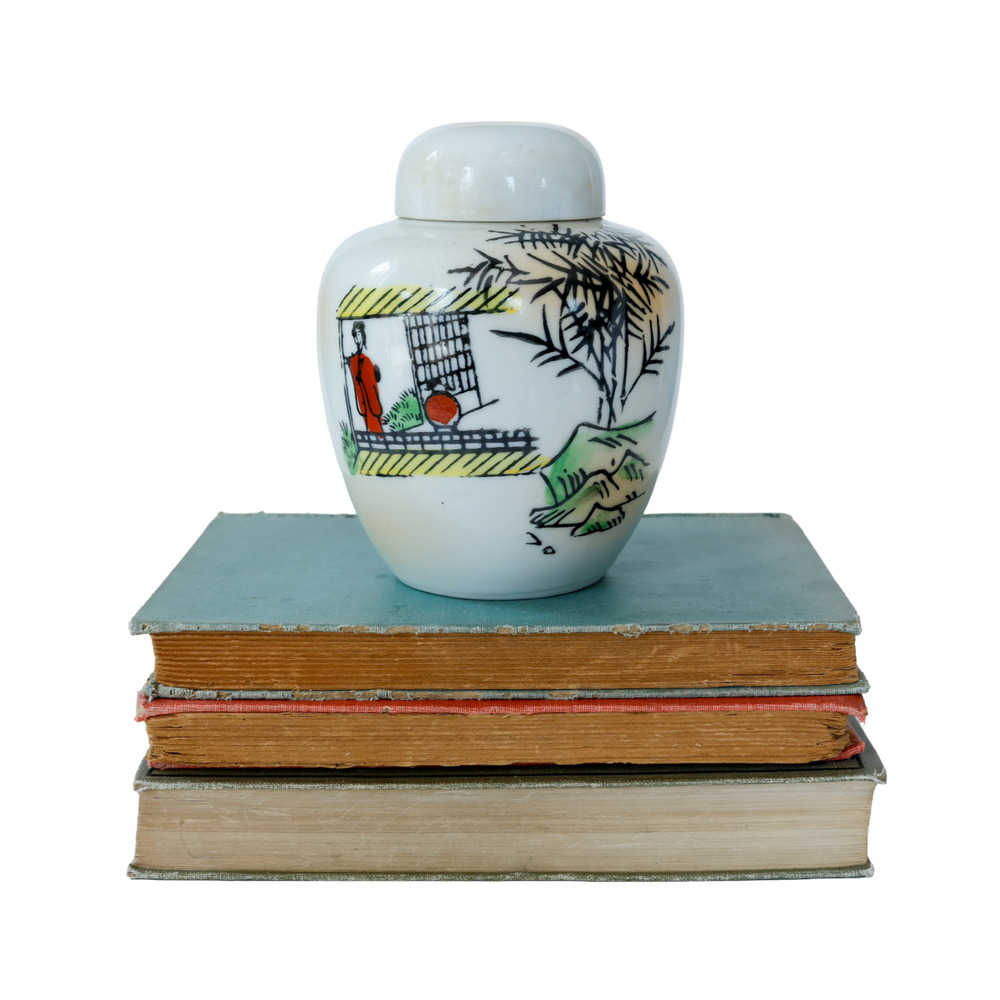 VTG Japan Lady Garden Bamboo Lidded Ginger Jar Chinoiserie Grandma Cottage Boho